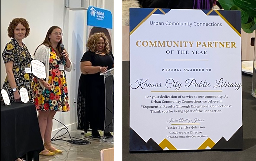 three women on stage on left and community partner award on right