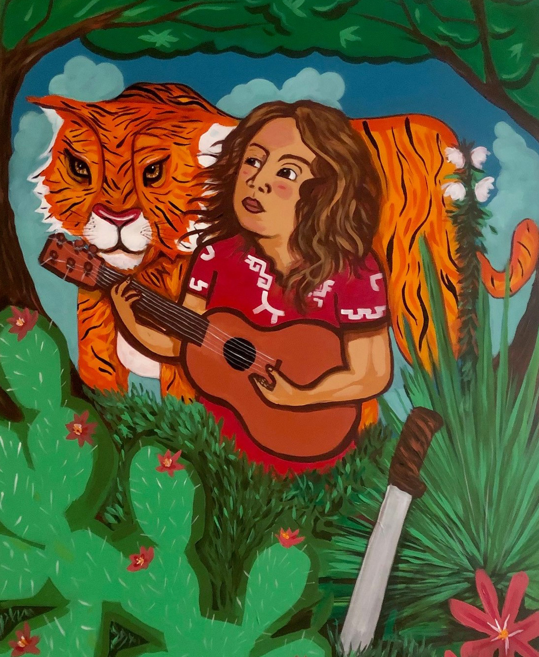 A guitarist with a tiger in the background; in the foreground, cacti and a machete