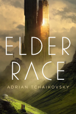 the cover of Elder Race shows a large tower in the distance in a valley with two people in the valley in the bottom left