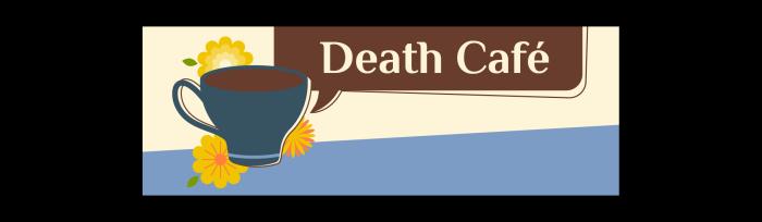 Death café graphic with coffee cup and flowers