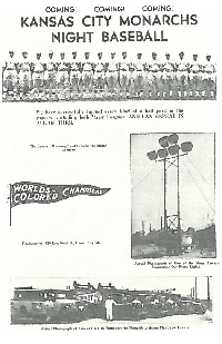 J.S. Wilkinson ad for the Monarchs' lighting system. (<a href="https://www.kclibrary.org/sites/default/files/kcmonarchs-nightposter-575w.png">enlarge</a>) Photo courtesy <em>The Kansas City Monarchs: Champions of Black Baseball</em> by Janet Bruce Wilkinson Poster