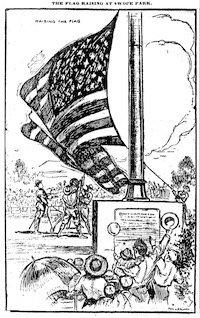 The KC Times' illustration of the July 5, 1915, flag raising in Swope Park. (<a href="http://www.kclibrary.org/sites/default/files/kcunbound-july11-localhistory-july4-swopeLG.jpg">LG</a>) KC Times flag raising