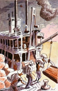 Thomas Hart Benton, <em>"Negroes loading a river boat"</em> from <em>Life on the Mississippi</em> by Mark Twain (The Limited Editions Club, 1944) Riverboat Illustration