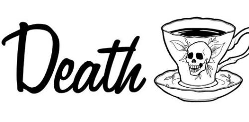 Death Cafe logo with skull design on a cup