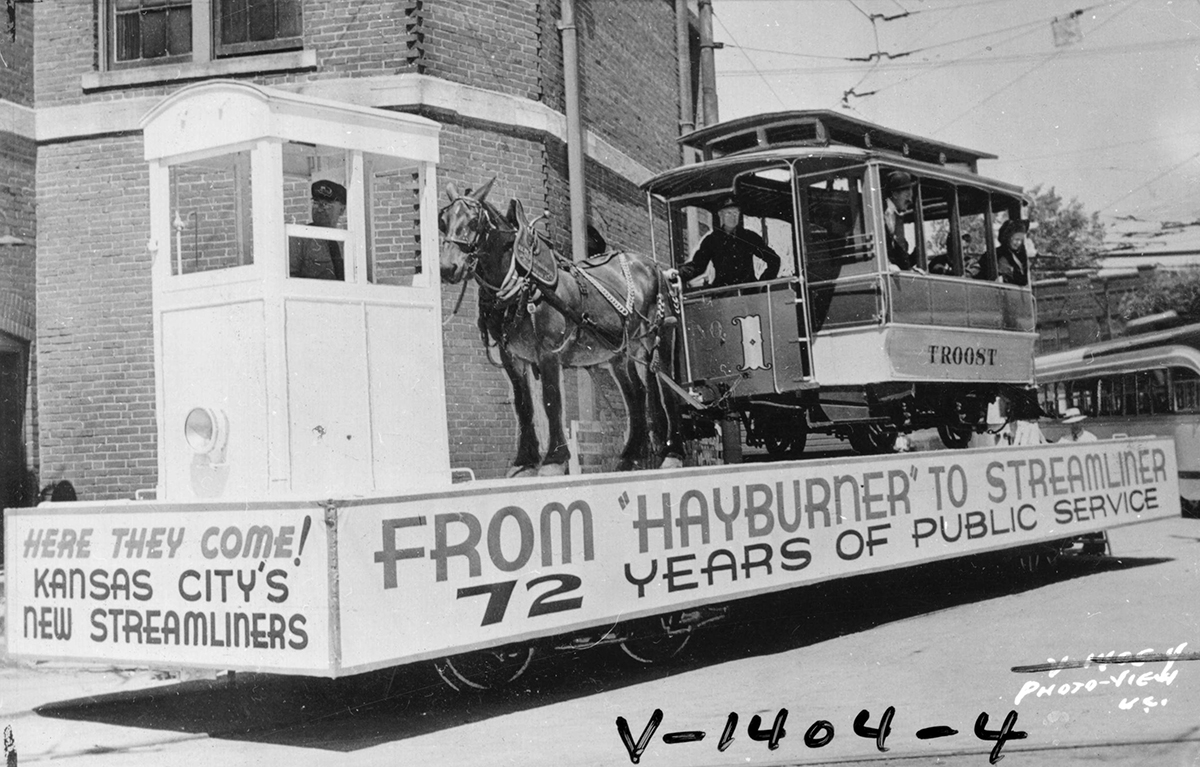 Mule-drawn, or 'hayburner,' streetcar in a parade celebrating the introduction of streamliners to Kansas City, 1941