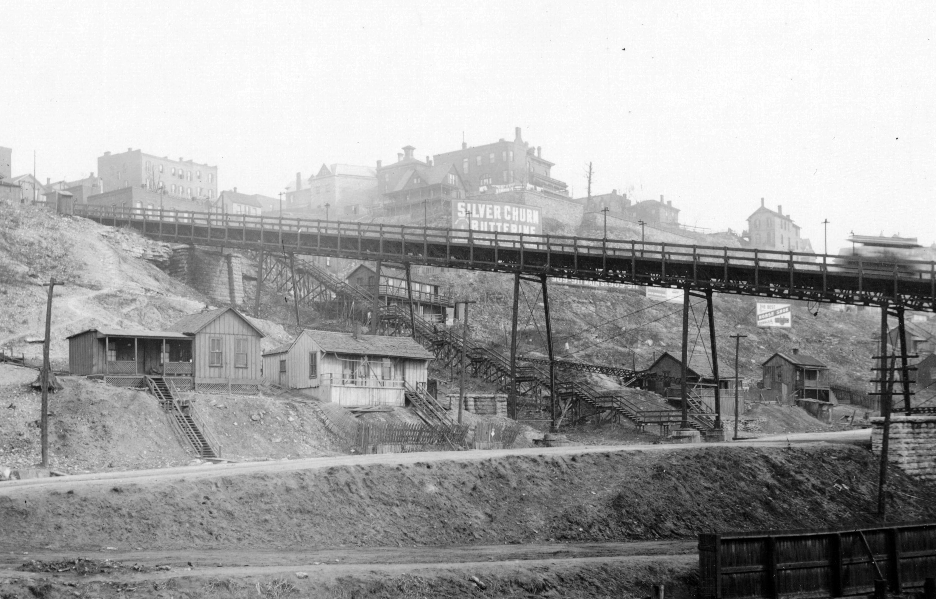 The Ninth Street Incline with staircase leading from Quality Hill down to Bluff Street, 1895