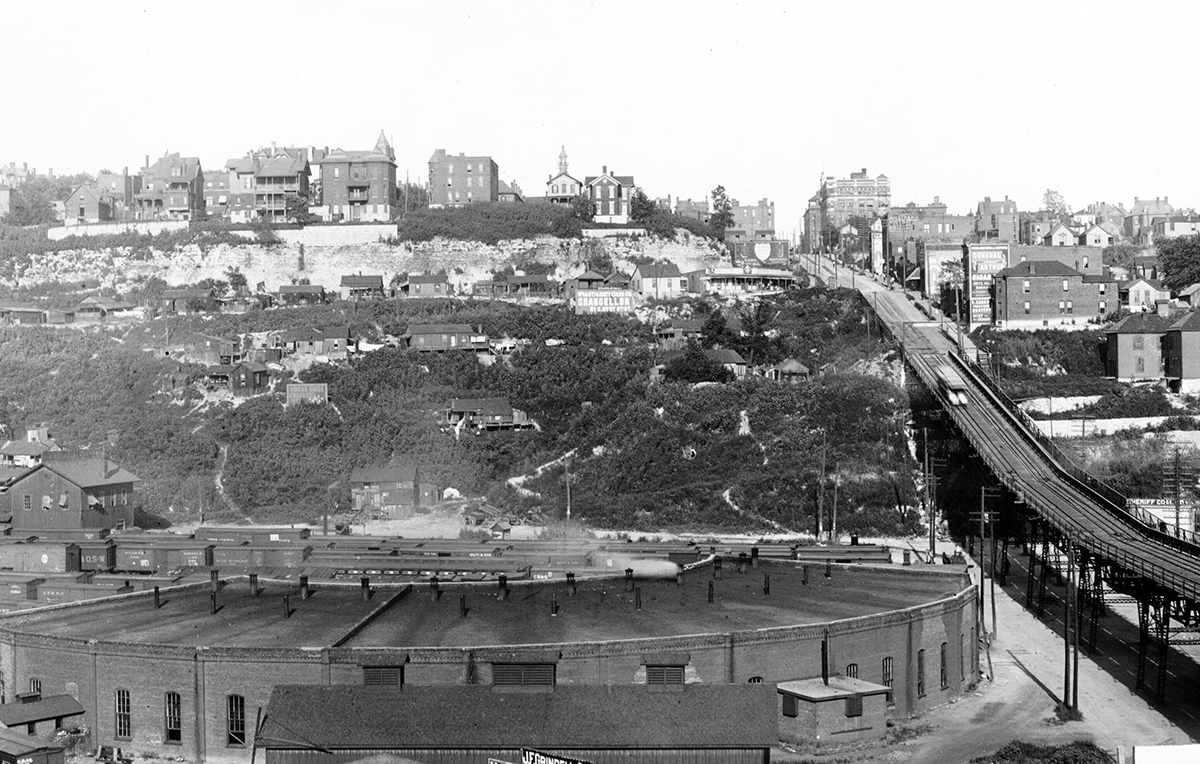 View facing east near the 12th Street Incline and showing pathways connecting the residences on the hillside down to Bluff Street, 1900