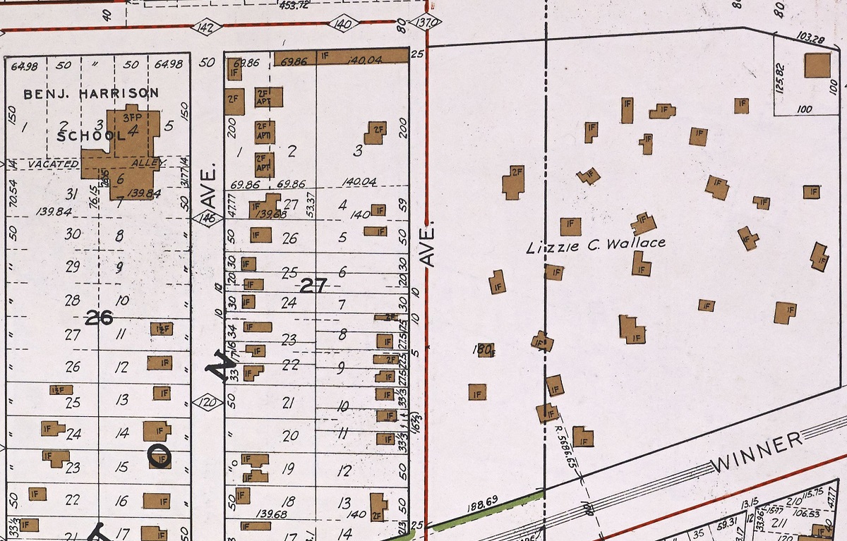 Atlas of Kansas City, MO, and Environs, 1925, showing the Lizzie C. Wallace property east of Benjamin Harrison School. The city limit passes through the property. Image: FIMo map database, Kansas City Public Library.
