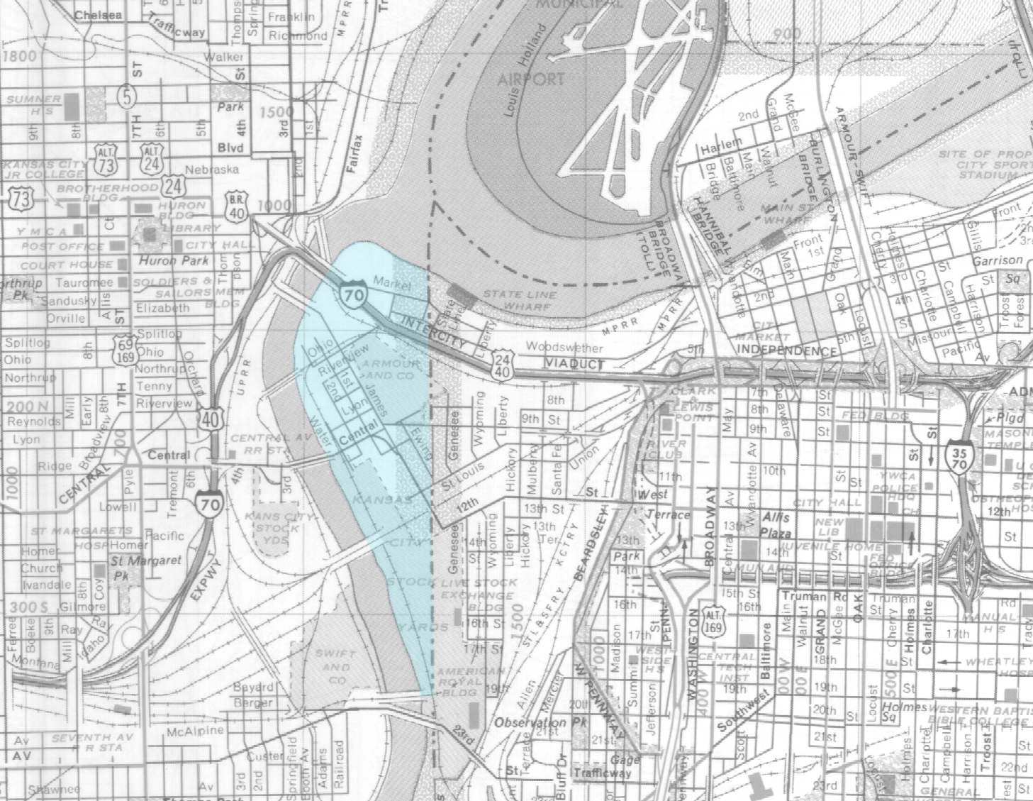 Map of the Kansas City area with the Kansas portion of the West Bottoms highlighted in blue, 1969