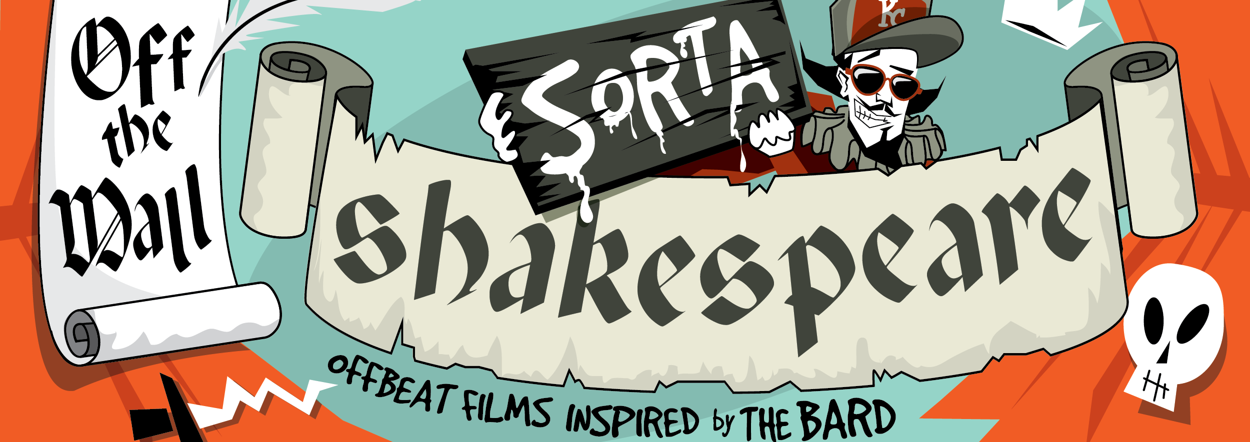 carton Shakespeare with KC hat holding a wooden sign