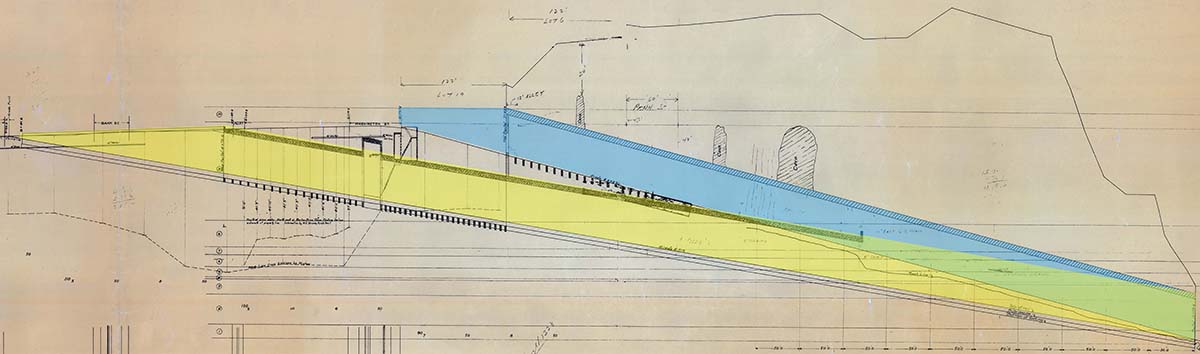 Diagram showing the Eighth Street tunnel with the original route highlighted in blue and the redesigned route in yellow, 1903