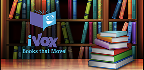 iVox logo with bookshelves in the background