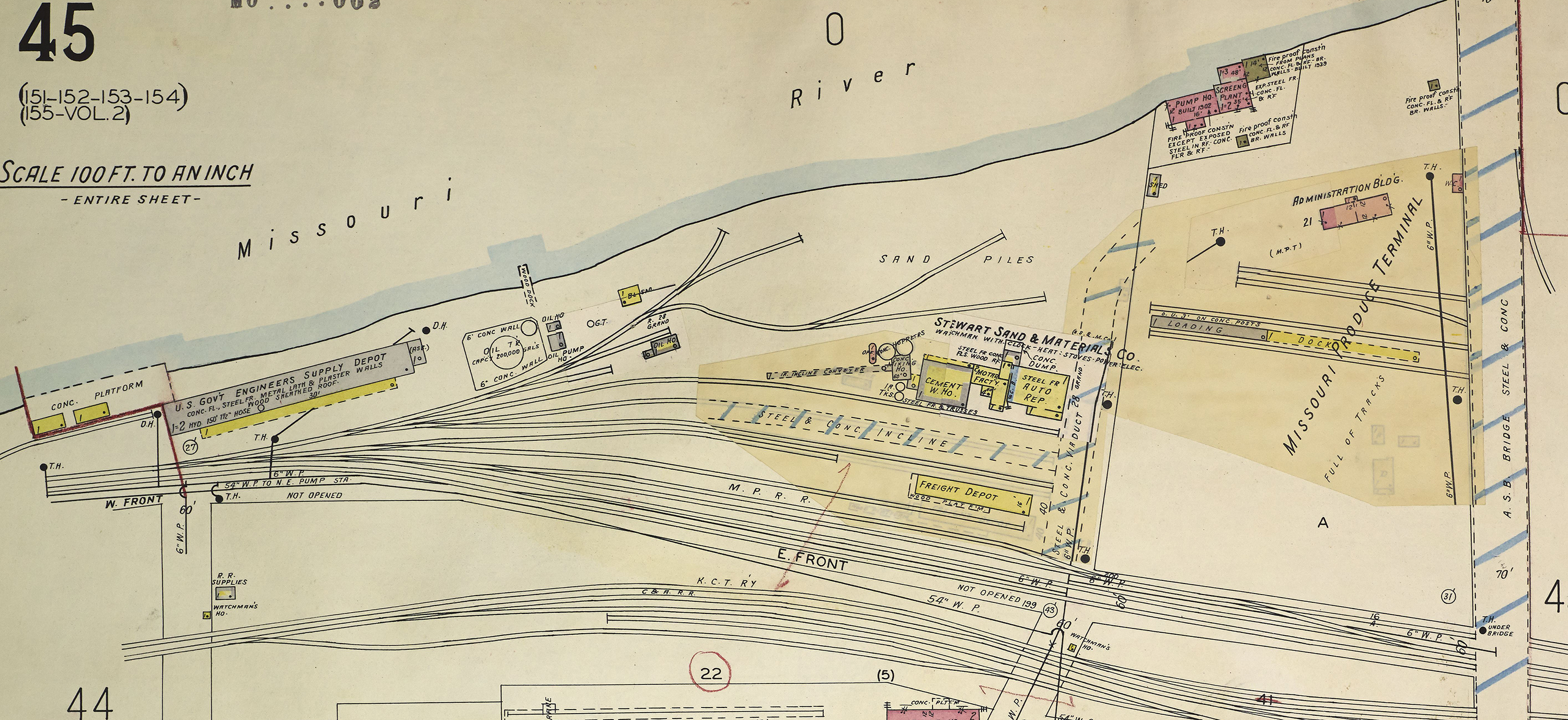 Sanborn map showing the riverfront area with oil tanker, 1950. KANSAS CITY PUBLIC LIBRARY