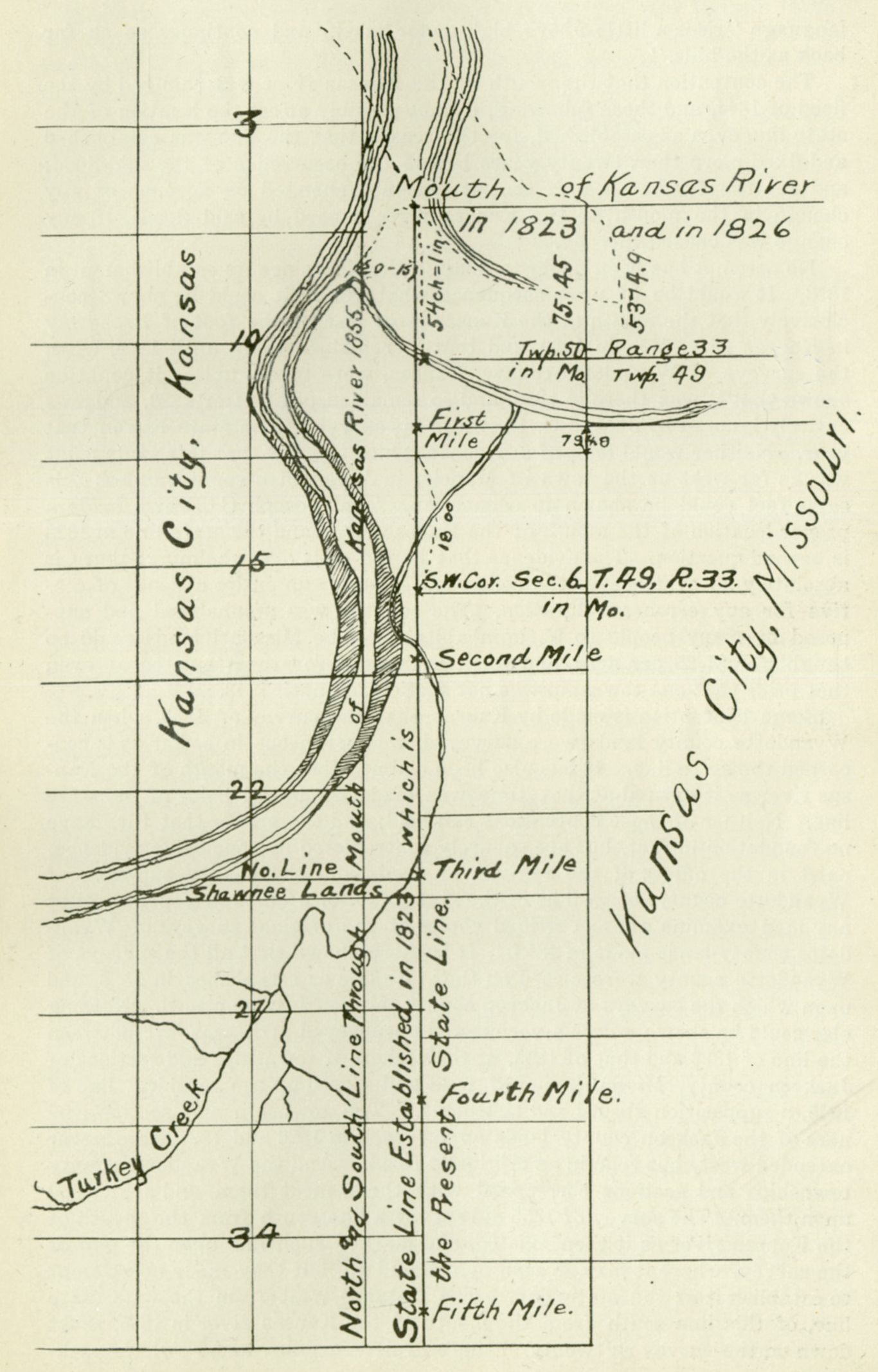 Map drawn by William E. Connelley to illustrate the differences between Brown’s 1823 meridian line where it would have been placed based upon the location of the Kaw during the 1855 survey of the Kansas-Nebraska Territory, 1884. 