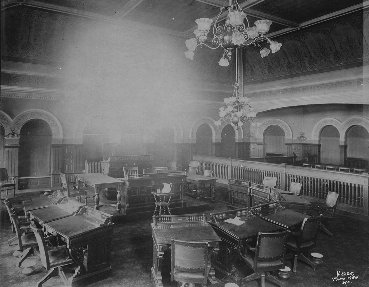 Interior view of the council chambers at the 5th and Main City Hall