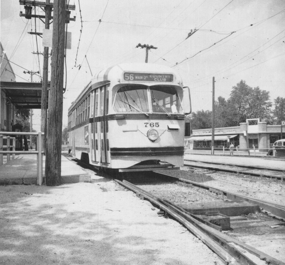 Snapshot of a streetcar on the Country Club Line near 75th Street and Wornall, 1955. From the General Photograph Collection, Kansas City Public Library.