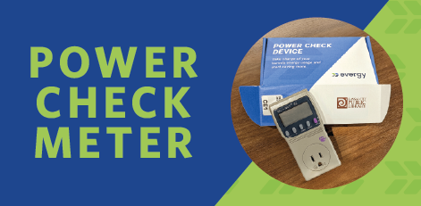 Power Check meter on table over green and blue background