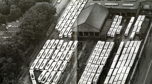 Decommissioned street cars in 1957 from above