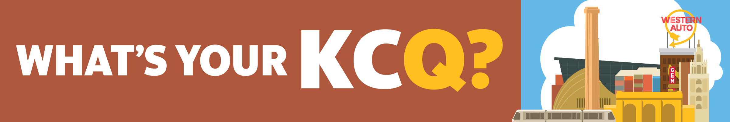 'What's your KCQ?' on brick background with Kansas City skyline