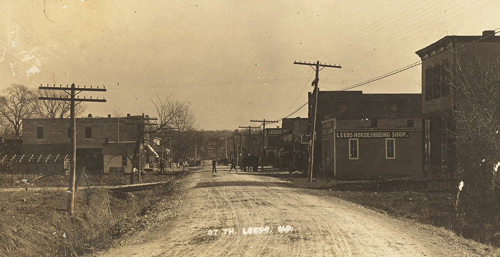 Photo postcard looking north on 37th Street in Leeds, MO., dated 1917.  Image: Mrs. Sam Ray Postcard Collection, Kansas City Public Library.