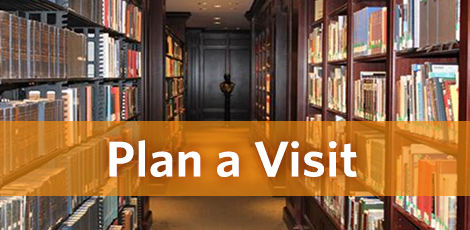 'Plan a Visit' over hallway of bookshelves