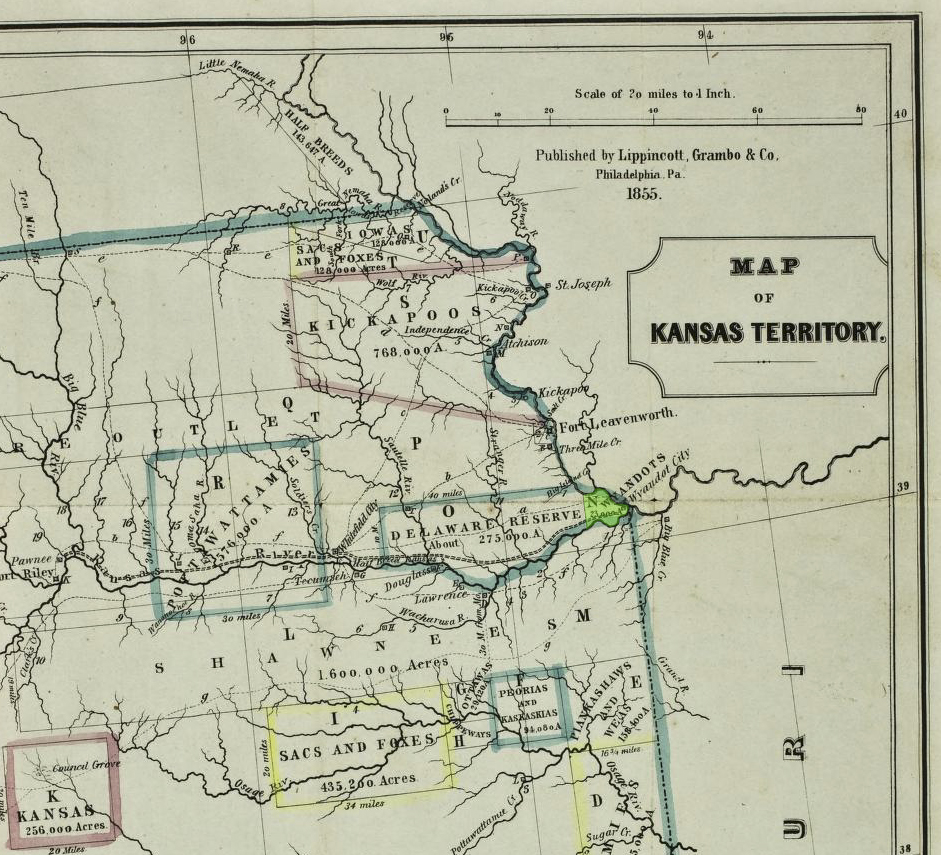 Map of eastern Kansas showing the Wyandot Purchase (highlighted in green) and Wyandot City, the Delaware on their western border and the Shawnee south of the Kansas River at that time, 1855