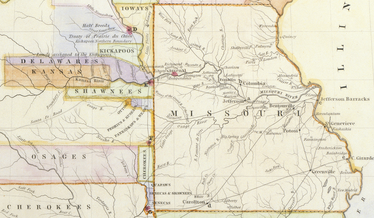 Map showing Missouri’s western borders and tribal reservations set aside after the Indian Removal Act, 1836.