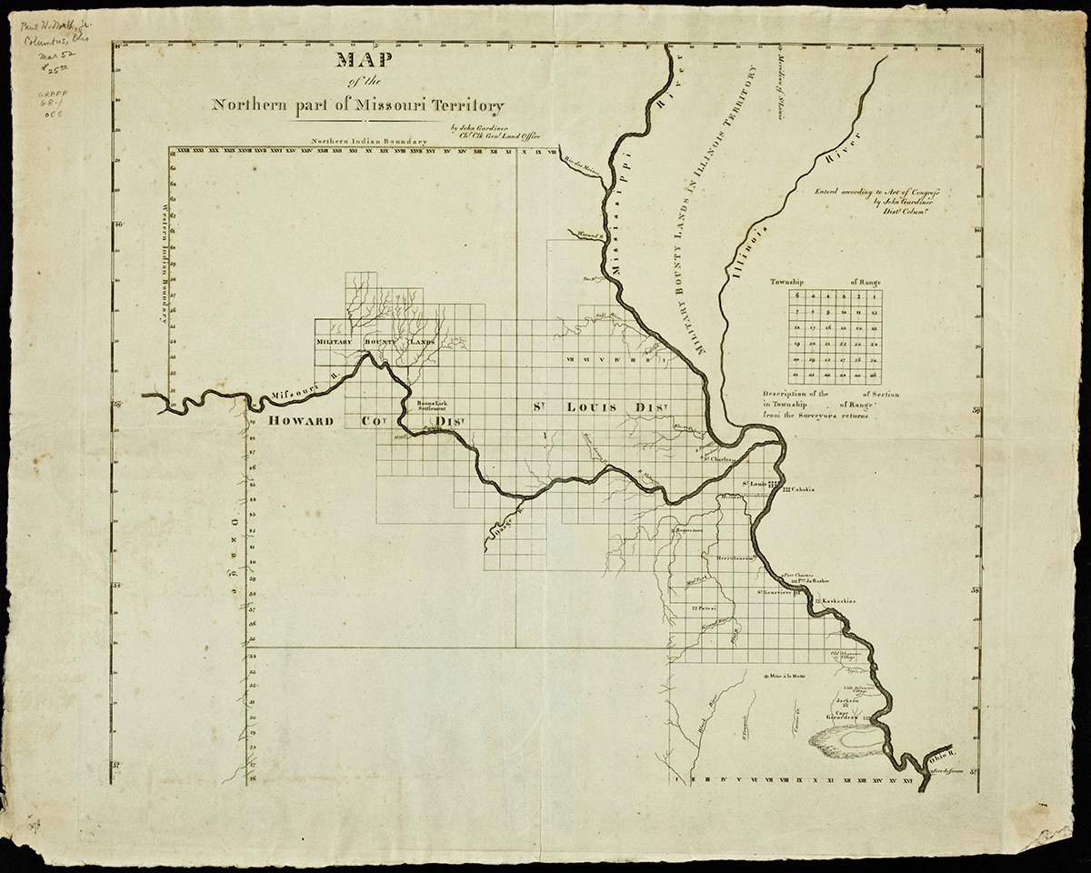 Map showing the first western and northern borders of Missouri.