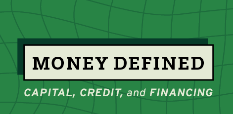 'Money Defined' on green background with wavy grid