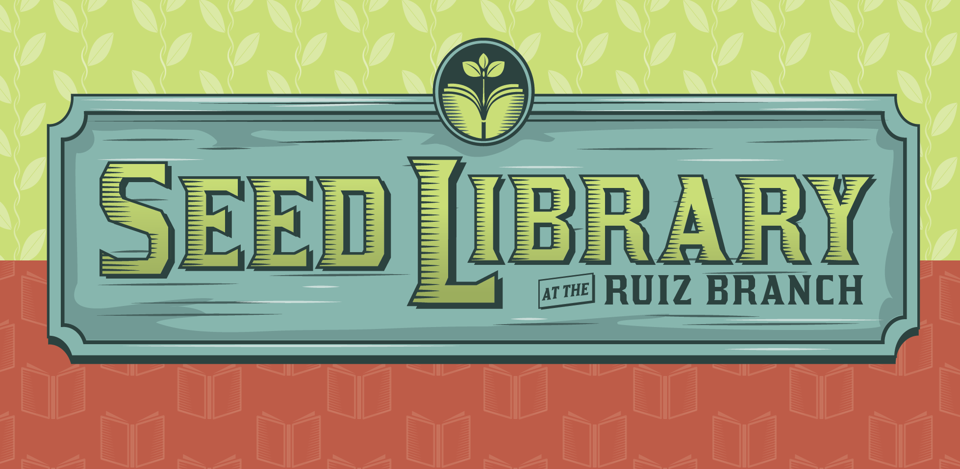 cartoon wooden sign with 'seed library' 