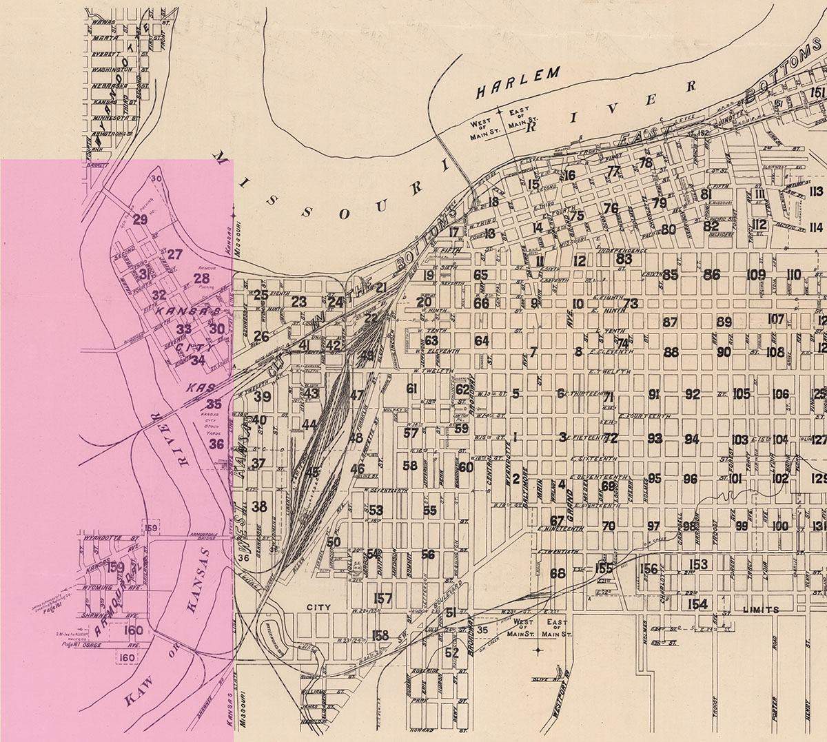 Map showing the approximate location of Silas Armstrong’s Wyandot Float (highlighted in pink). The separate towns of Wyandotte, Armourdale and Kansas City in the West Bottoms can also be seen, 1886