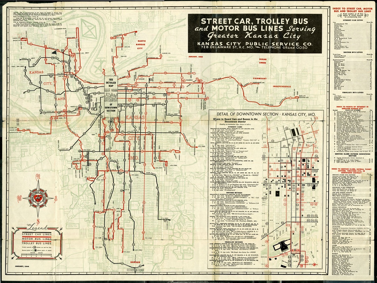 Transportation Map and Guide of Greater Kansas City, 1944. The Country Club-Dodson Line is the system’s southernmost route. From the General Map Collection, Kansas City Public Library.