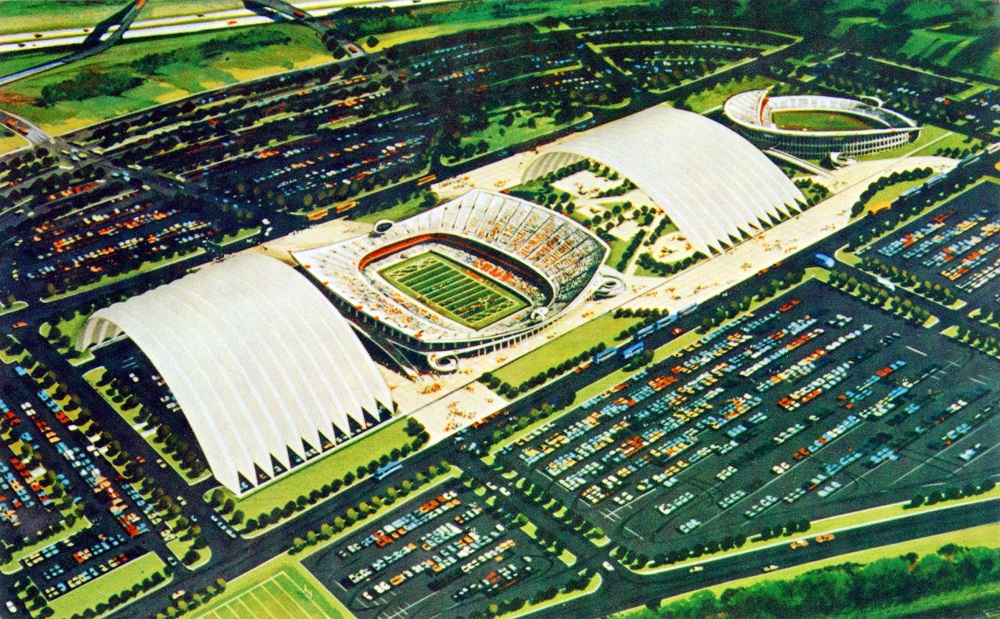 One plan for the Truman Sports Complext called for rolling roofs. This is circa 1967. Kansas City Public Library