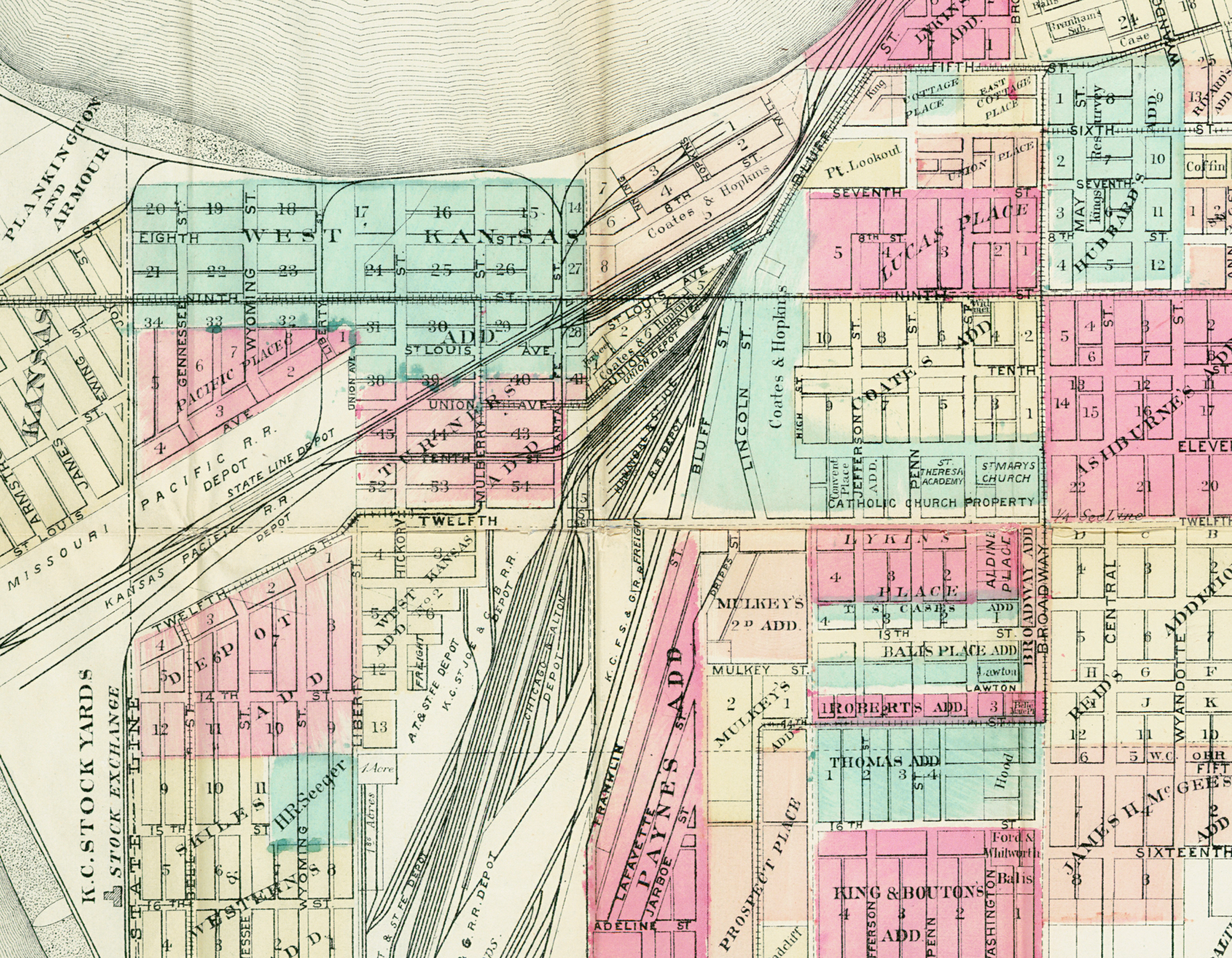 A portion of Wright’s Map of Kansas City, Missouri, 1884. Union Depot is between the rail lines in the West Bottoms. From SC117 Map Collection, Missouri Valley Special Collections.