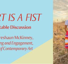 The Heart Is a Fist: Artist Roundtable Discussion Promo, with photograph by Dominique Brown of two Native American women