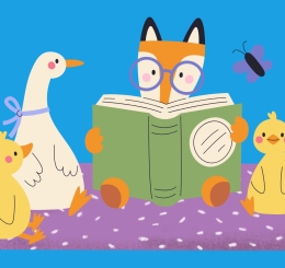 illustration of fox, goose, and ducks on rug reading book