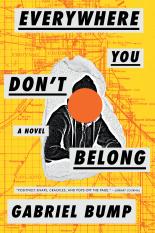 The cover of Everywhere You Don't Belong has a yellow and order map with a black stencil of someone with a giant orange dot over their face