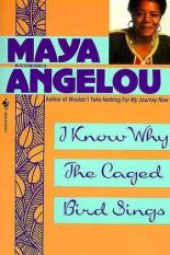 I Know Why the Caged Bird Sings cover has a photo of Maya Angelou on the top right with a banner of purple inked leaves from the top and bottom on the left side