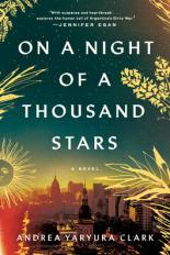 The cover of On a Night of a Thousand Stars shows a metropolitan city with wheat flower stocks on the edges 