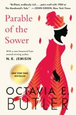 Cover of Parable of the Sower shows the colored silhouette of a dark skin woman in a bright red dress and head piece