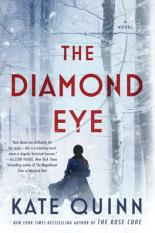 The cover of The Diamond Eye by Kate Quinn shows a trees that are hard to see due to a snow storm happening. A woman stands in all black with her back to the viewer in the middle of the trees.