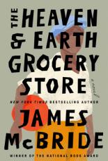 The cover of The Heaven & Earth Grocery Store's title and author's name fill up the cover in bold, black letter. There's art of a young, african american boy holding an orange ball with no face in the forground