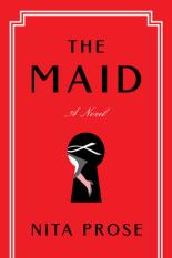 The cover of The Maid is red with a black key hole in the center. Through the key hold, you see the retreating portion of a maid