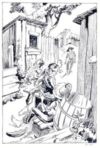 Thomas Hart Benton, "...the retired artist sat on a barrel in the shade close by..." from The Adventures of Tom Sawyer by Mark Twain (The Limited Editions Club, 1939) Courtesy The State Historical Society of Missouri Benton illustration