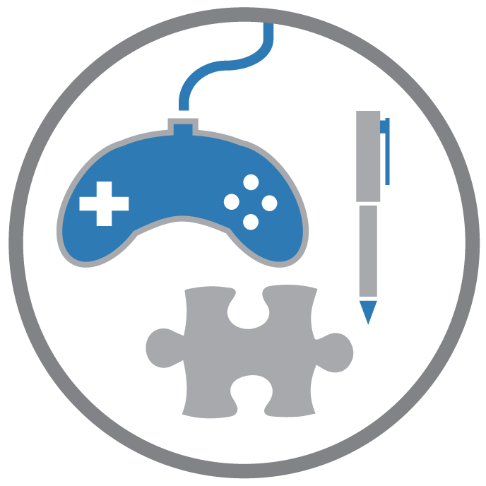 gray controller, puzzle piece, and pen icon