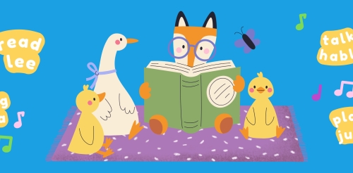 illustration of fox, goose, and ducks on rug reading book